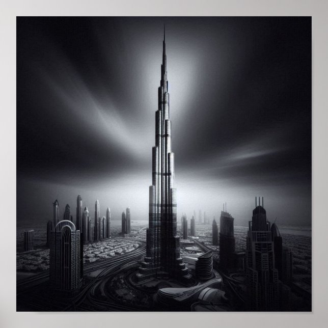 Dubai Skyline Majesty – Burj Khalifa in Monochrome Poster (Front)