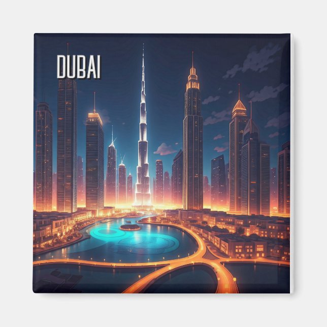 Dubai Skyline Night Travel Magnet (Front)