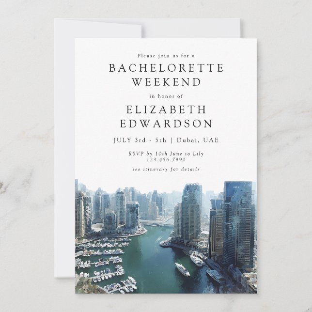 Dubai Skyline Watercolor Bachelorette Weekend Invitation (Front)