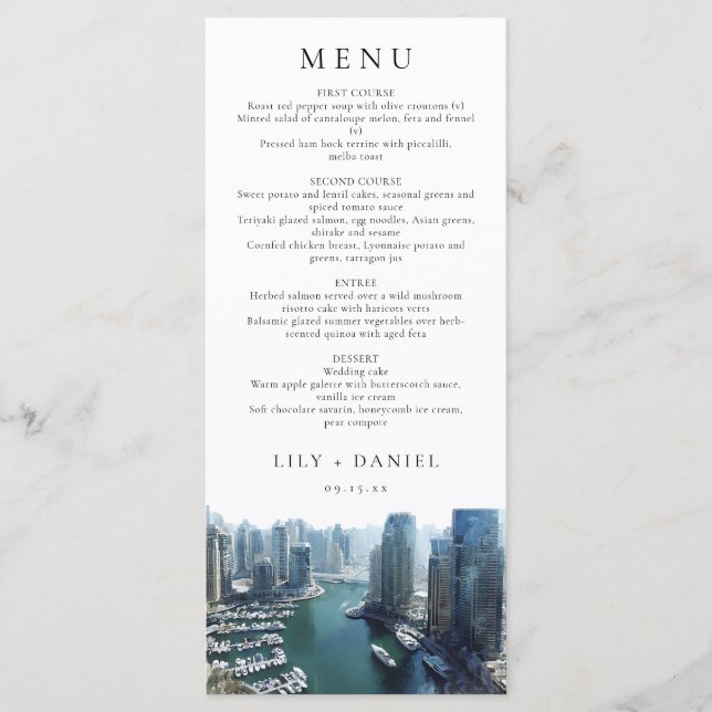 Dubai Skyline Watercolor Elegant Wedding Menu (Front)