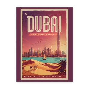 Dubai UAE Night Skyline Illustration Travel Art Postcard