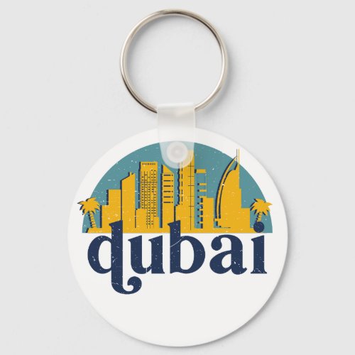 Dubai UAE Vintage Retro City Skyline Cityscape Art Keychain