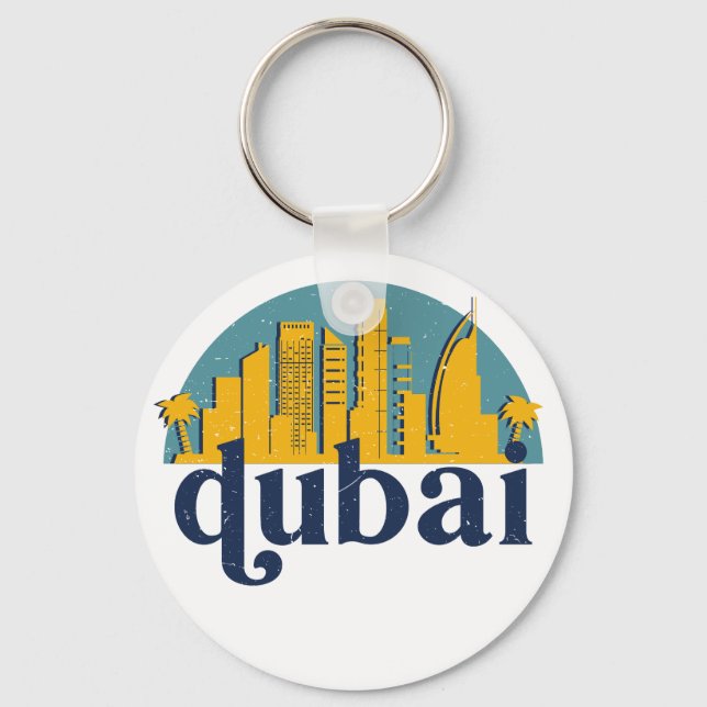 Dubai UAE Vintage Retro City Skyline Cityscape Art Keychain (Front)