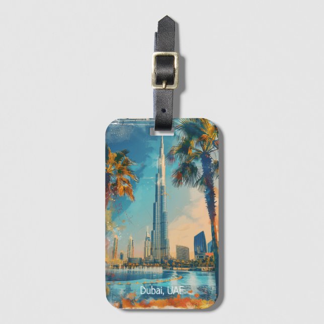 Dubai United Arab Emirates Burj Khalifa Artwork Luggage Tag (Front Vertical)