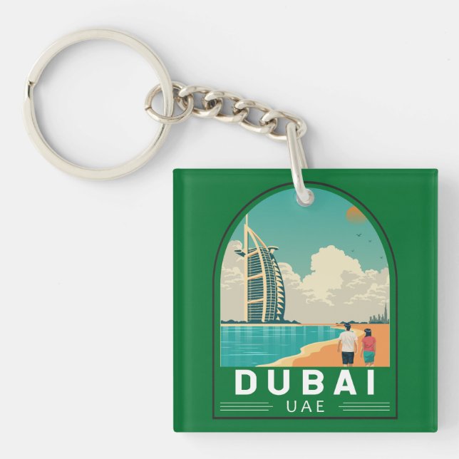 Dubai United Arab Emirates Retro Travel Art Keychain (Front)