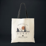 Dubai Wedding | Stylized Skyline Tote Bag<br><div class="desc">A unique wedding tote bag for a wedding taking place in the city of Dubai. This tote features a stylized illustration of the city's unique skyline with its name underneath. This is followed by your wedding day information in a matching open lined style.</div>