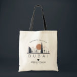 Dubai Wedding | Stylized Skyline Tote Bag<br><div class="desc">A unique wedding tote bag for a wedding taking place in the city of Dubai. This tote features a stylized illustration of the city's unique skyline with its name underneath. This is followed by your wedding day information in a matching open lined style.</div>