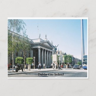 Dublin City postcard featuring picture of GPO building & Millennium Spire