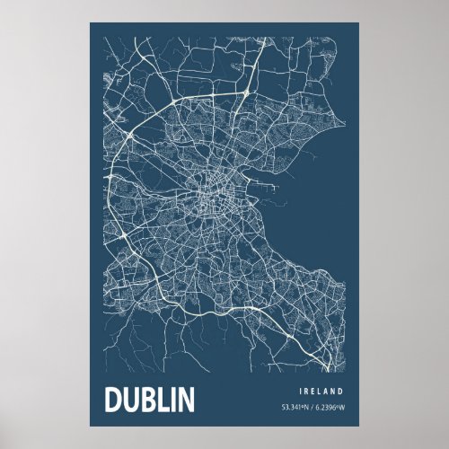 Dublin Ireland City Map Line Art Blue Print