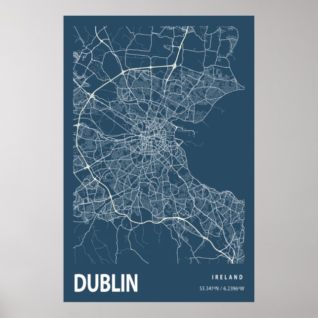Dublin Ireland City Map Line Art Blue Print (Front)