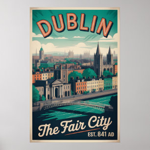 Dublin Ireland Retro Style Cityscape Travel Poster