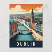 Dublin Ireland Retro Travel Art River scene