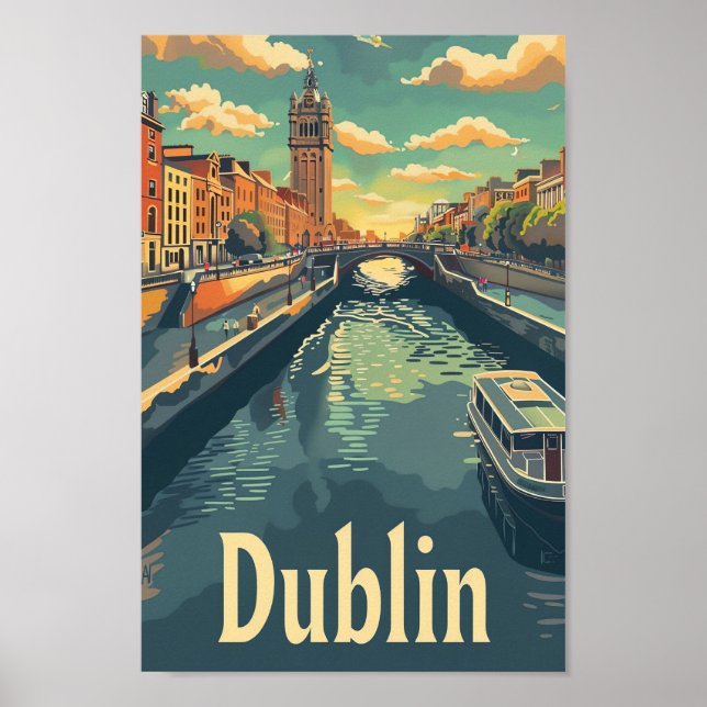 Dublin Ireland Vintage Retro Travel Illustration Poster (Front)