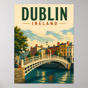 Dublin Ireland Vintage Travel Ha'penny Bridge Poster