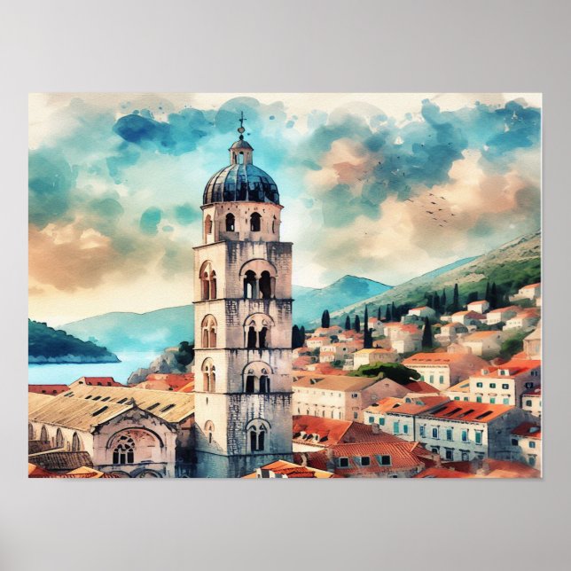  Dubrovnik Croatia Bell Tower watercolor Poster (Front)