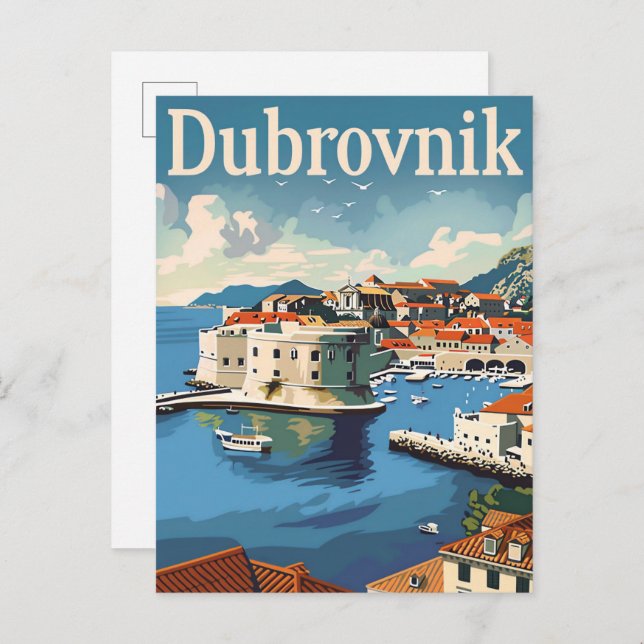 Dubrovnik Croatia Vintage Travel Illustration Postcard (Front/Back)
