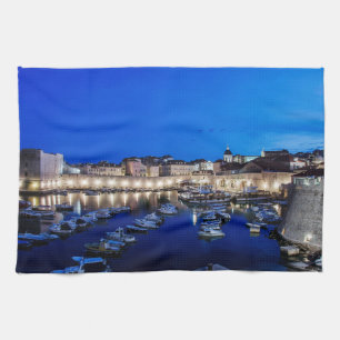 Dubrovnik harbor and walls illuminated at night kitchen towel