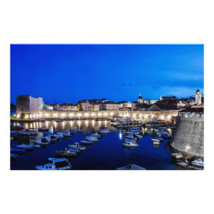 Dubrovnik harbor and walls illuminated at night photo print