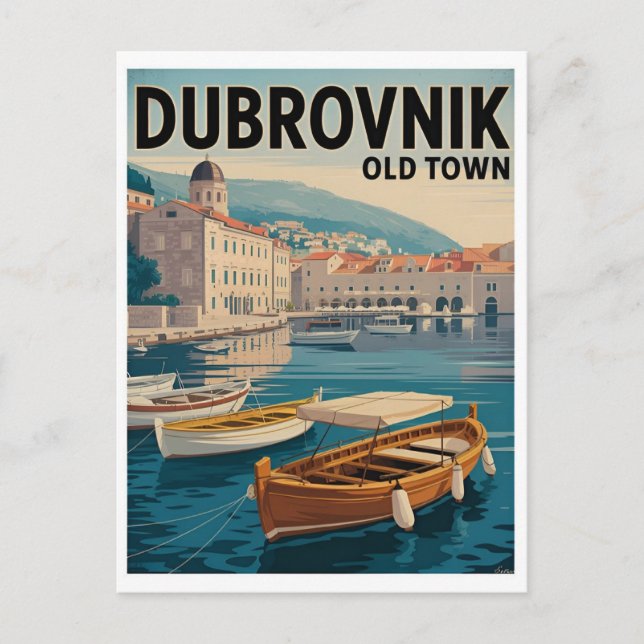 Dubrovnik Old Town Vintage Poster – Retro Waterfro Postcard (Front)