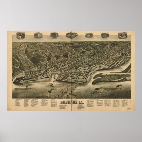 Dubuque Iowa 1889 Antique Panoramic Map Poster