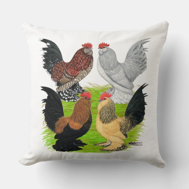 D'Uccles Four Roosters Throw Pillow (Front)