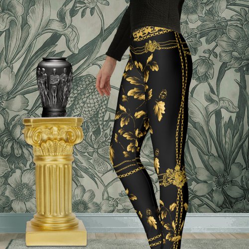 Duchess Gold Leaf Chain Lion Emblem Black Riding Leggings