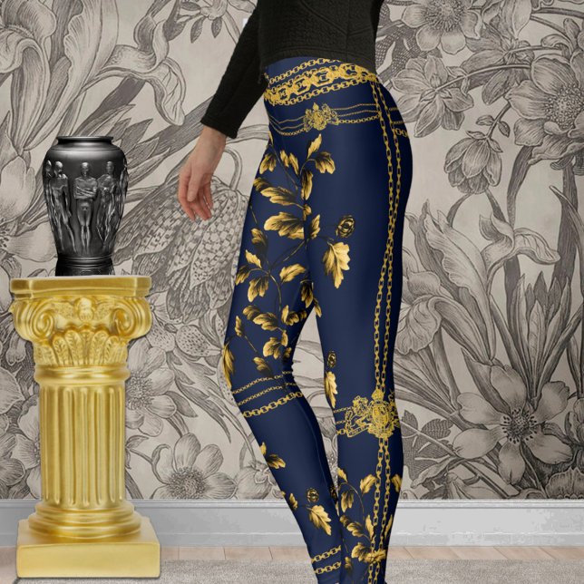 Duchess Gold Leaf Chain Lion Emblem Navy Blue Leggings (Creator Uploaded)