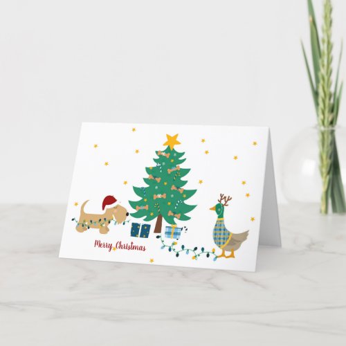 Duck and dog with Christmas tree Card