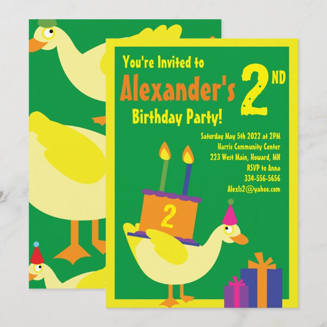 Duck Animal Kid's Birthday Party Invitations (Front/Back)
