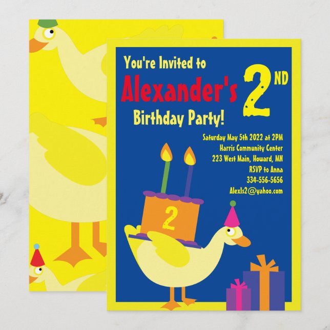Duck Animal Kid's Birthday Party Invitations (Front/Back)
