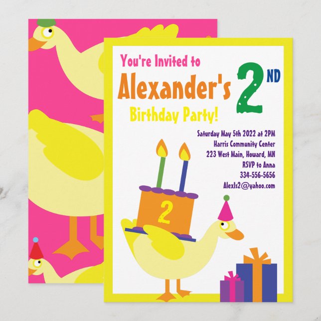Duck Animal Kid's Birthday Party Invitations (Front/Back)