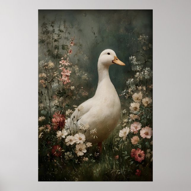 Duck Antique Printable Art, Duck Flower Minimalist Poster (Front)