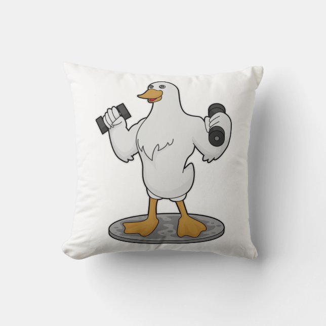 Duck as Bodybuilder with Dumbbells Throw Pillow (Front)