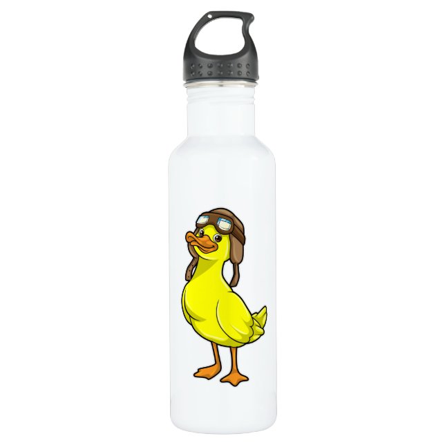 Duck as Pilot with Cap & Goggles Stainless Steel Water Bottle (Front)