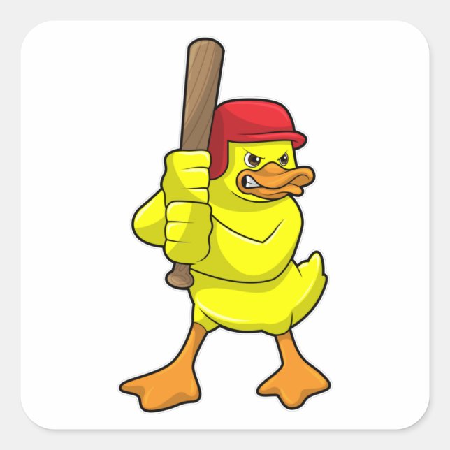 Duck at Baseball with Baseball bat & Cap Square Sticker (Front)