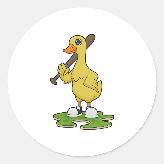Duck at Baseball with Baseball bat Classic Round Sticker (Front)