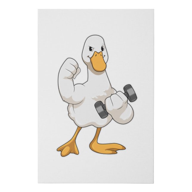 Duck at Bodybuilding with Dumbbell Faux Canvas Print (Front)