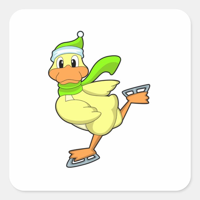 Duck at Ice skating with Ice skates Square Sticker (Front)