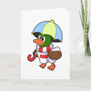 Duck at Raining with Umbrella Card