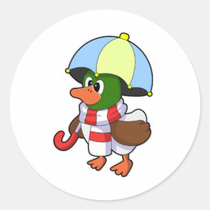 Duck at Raining with Umbrella Classic Round Sticker