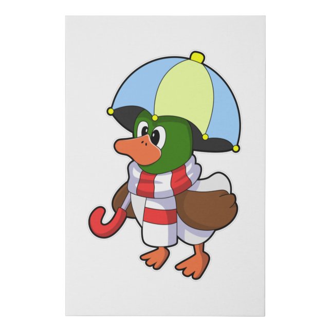 Duck at Raining with Umbrella Faux Canvas Print (Front)