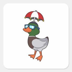 Duck at Raining with Umbrella.PNG Square Sticker