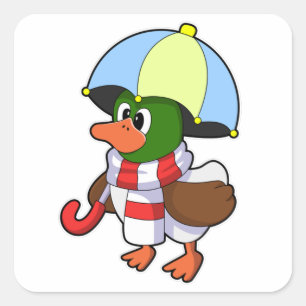 Duck at Raining with Umbrella Square Sticker