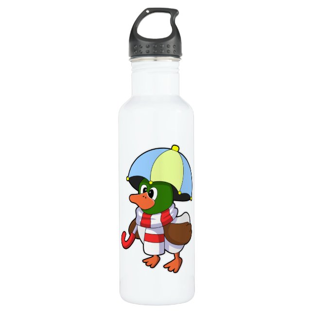 Duck at Raining with Umbrella Stainless Steel Water Bottle (Front)
