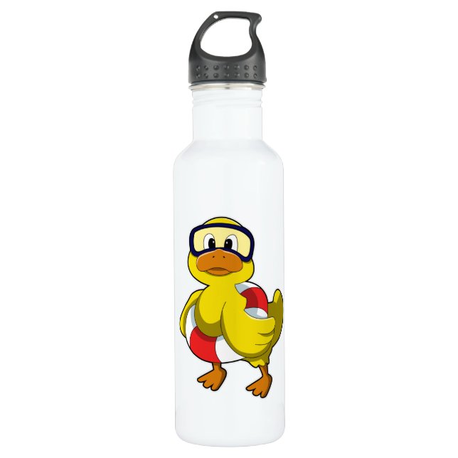 Duck at Swimming with Swim ring & Diving goggles Stainless Steel Water Bottle (Front)