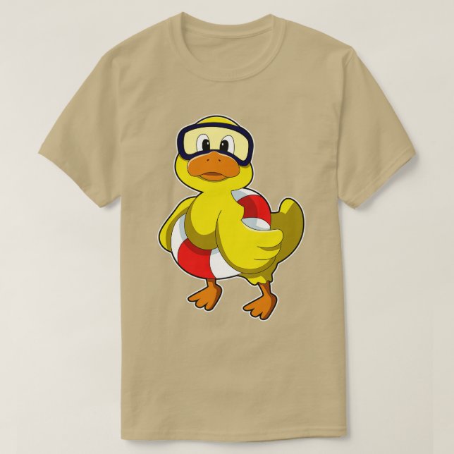 Duck At Swimming With Swim Ring  Diving Goggles  T-Shirt (Design Front)