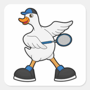 Duck at Tennis with Tennis racket & Cap Square Sticker