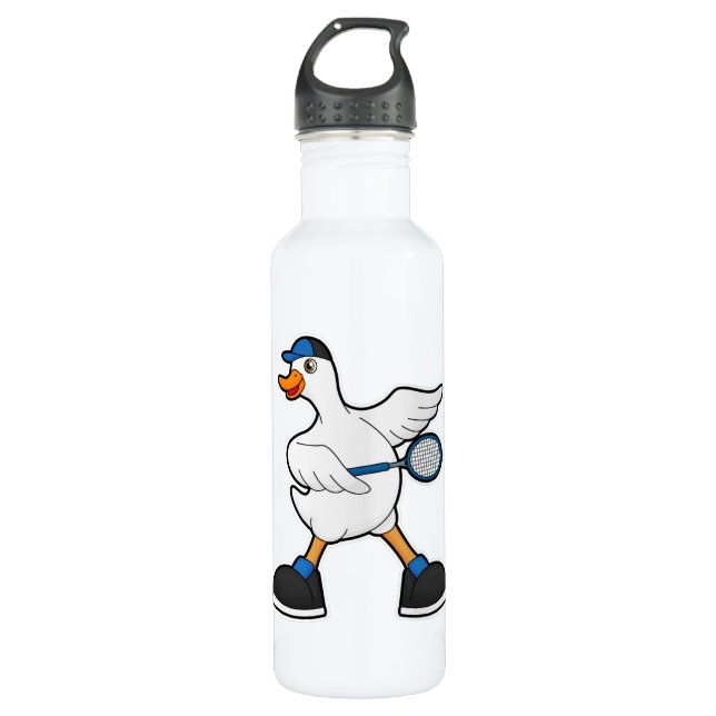 Duck at Tennis with Tennis racket & Cap Stainless Steel Water Bottle (Front)