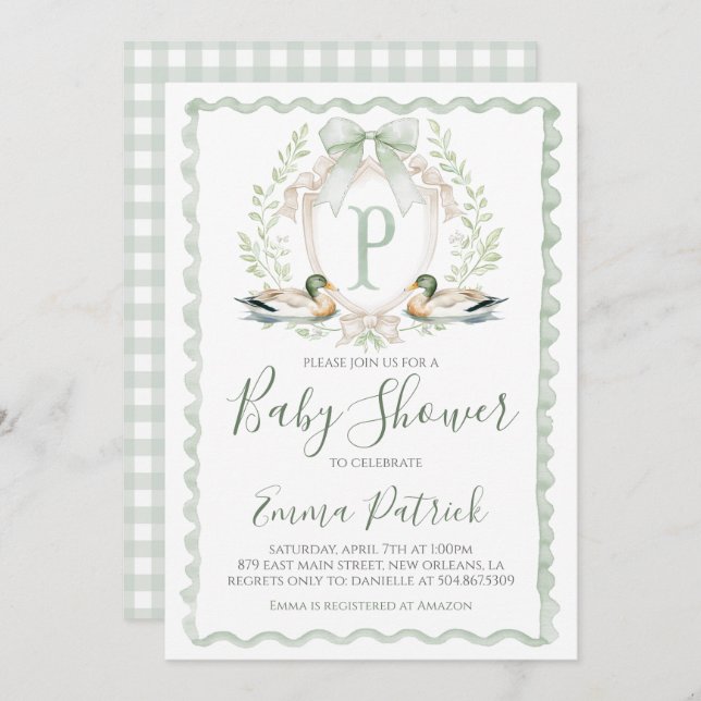 Duck Baby Boy Shower Preppy Gingham Sage Green Invitation (Front/Back)