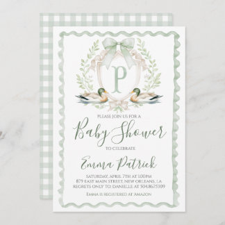 Duck Baby Boy Shower Preppy Gingham Sage Green Invitation